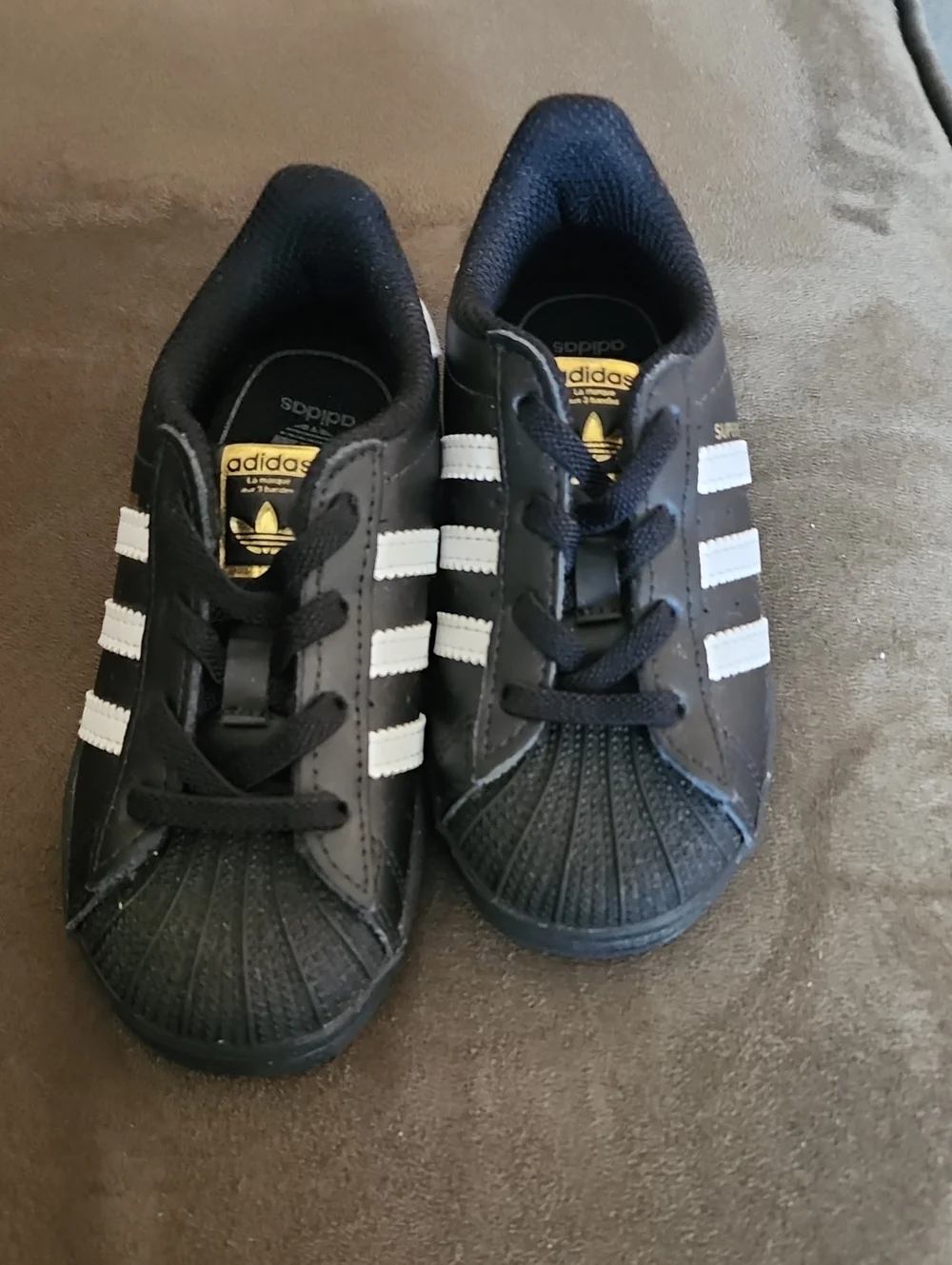 adidas Kids Black with White Stripes Superstar Sneakers